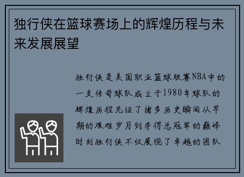 独行侠在篮球赛场上的辉煌历程与未来发展展望